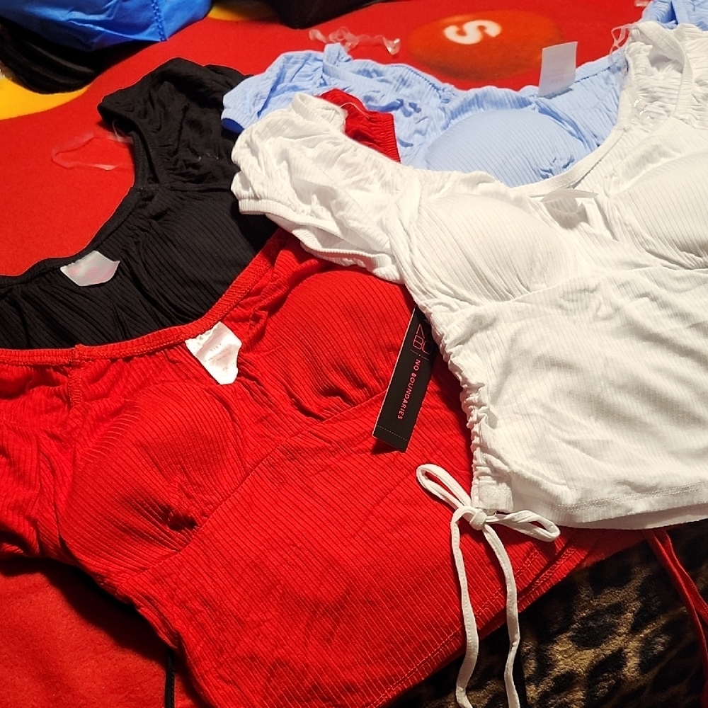 Trendy Ruched Crop Tops in Red, Black, and White